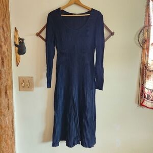 Peruvian Connection Long Sleeve Midi Dress Ribbed Pima Cotton Blue Large L